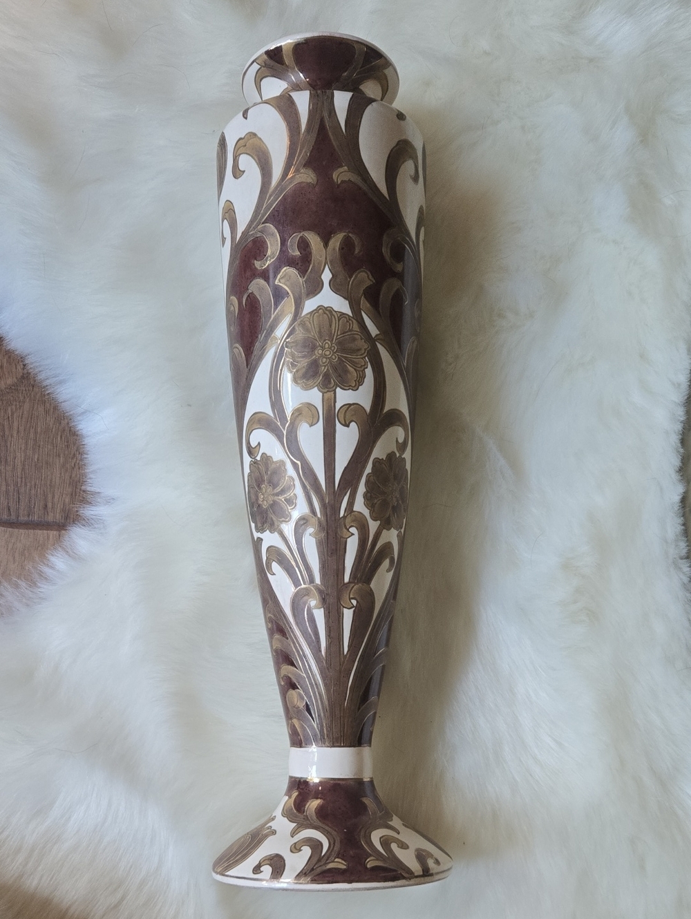 Tall Floral Decorative Vase in Cream, Brown & Gold